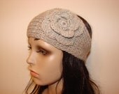 100% Wool Woman Teen Young Adult Girl knit headband Beige Natural Cream Brown with crocheted flower handmaded earwarmer ski