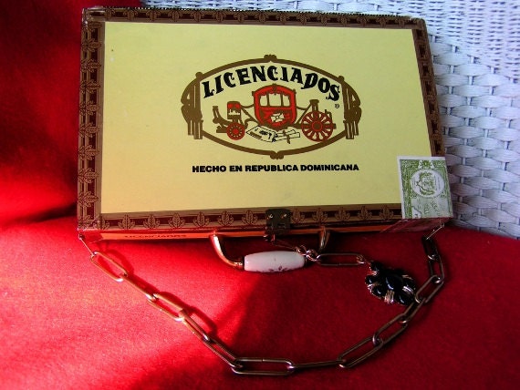 Cigar Box Purse w chain black leather handmade OOAK Licenciados wood floral ceramic handle velvetine brass Swiss dots box purse handbag