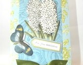 Handmade Birthday card - butterfly and flowers vintage blue