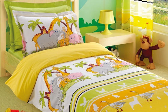 Customizable Twin Size Green Orange Jungle Animals Printed Kid Bedding Set For Children