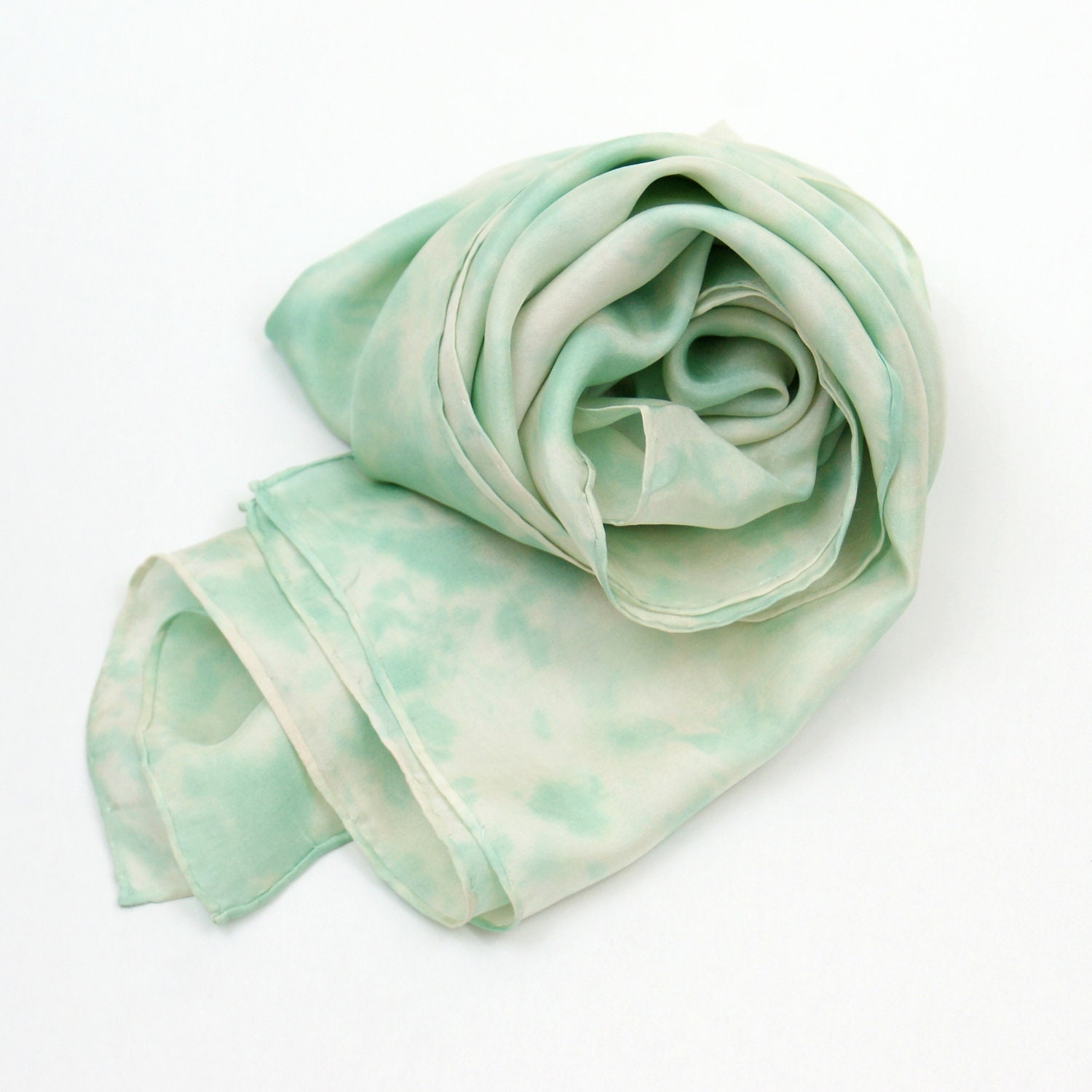 Green and Tan Silk Scarf, Hand Painted Scarf, 14 x 70 inches - KMSilks