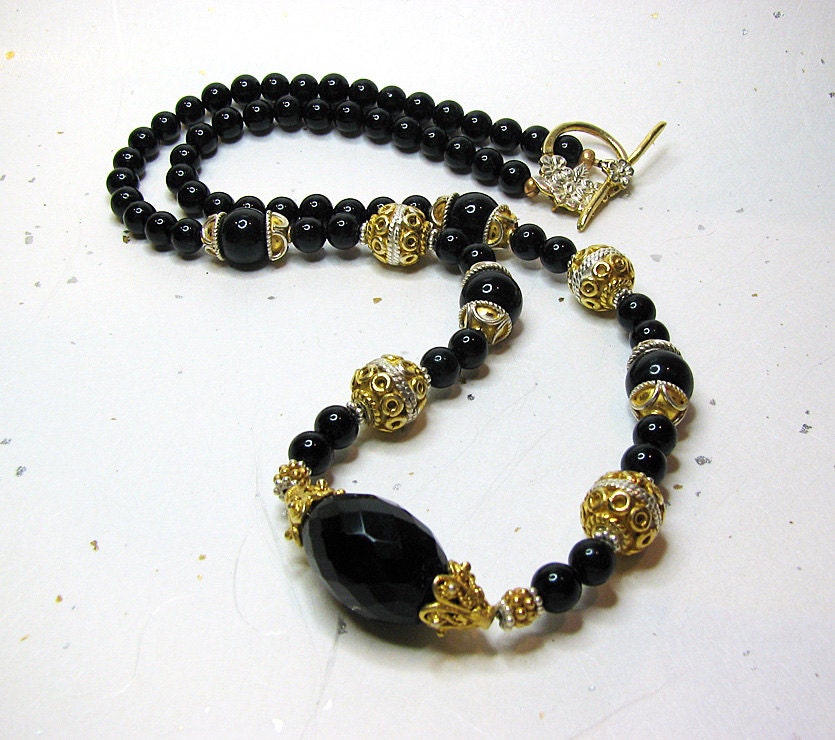 Black onyx necklace Silver and gold vermeil beaded necklace Single strand gemstone necklace  Elegant  mixed metal beaded jewelry Mothers Day
