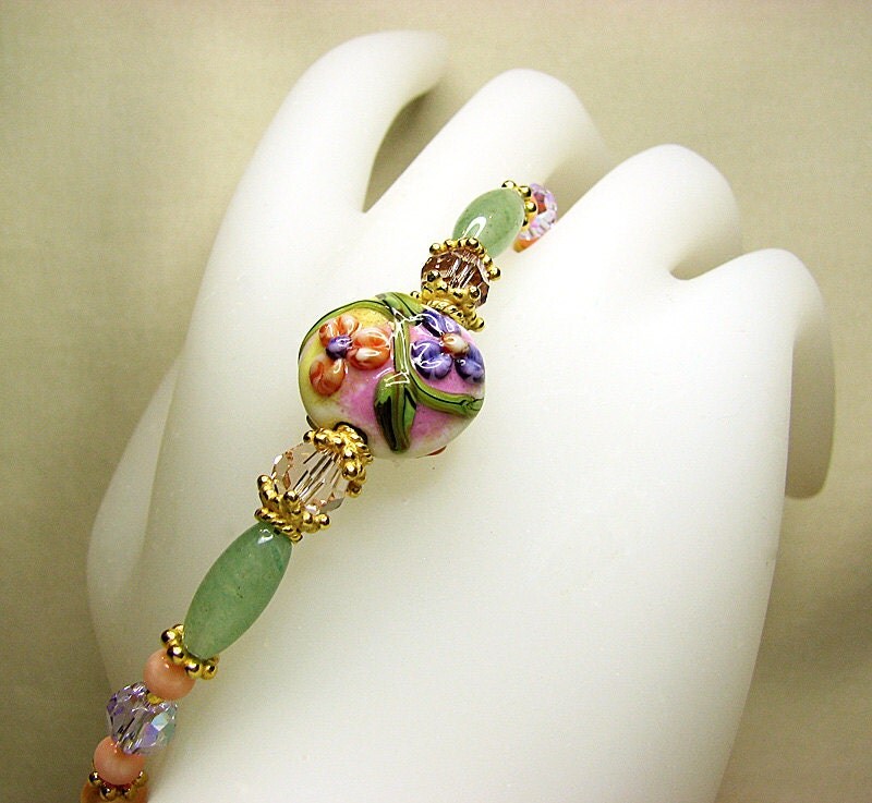 Floral lampwork beaded bracelet Peach pearl and green gemstone bracelet  Romantic pearl jewelry Romantic beaded jewelry Mothers Day