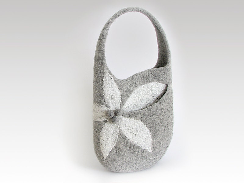 Felt bag, natural gray,  flower bag, medium sized bag
