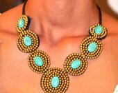 Necklace Handmade Brass Beads surround 5 Turquoise Stones inThailand Fair Trade Jewelry (N013-T)