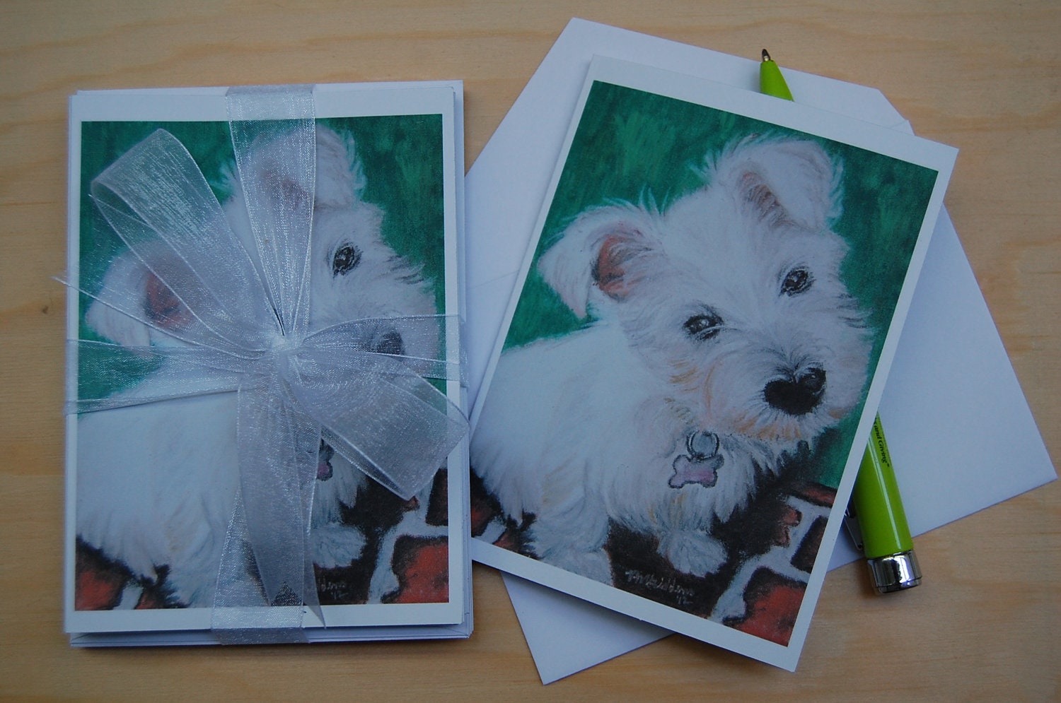 Set of 12 4" x 5.5" notecards with a portrait of an adorable West Highland White Terrier puppy named "Sophie" by artist Vanessa Giddens.