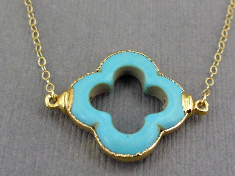 Turquoise Clover Necklace 24k gold edged on Gold Fill chain