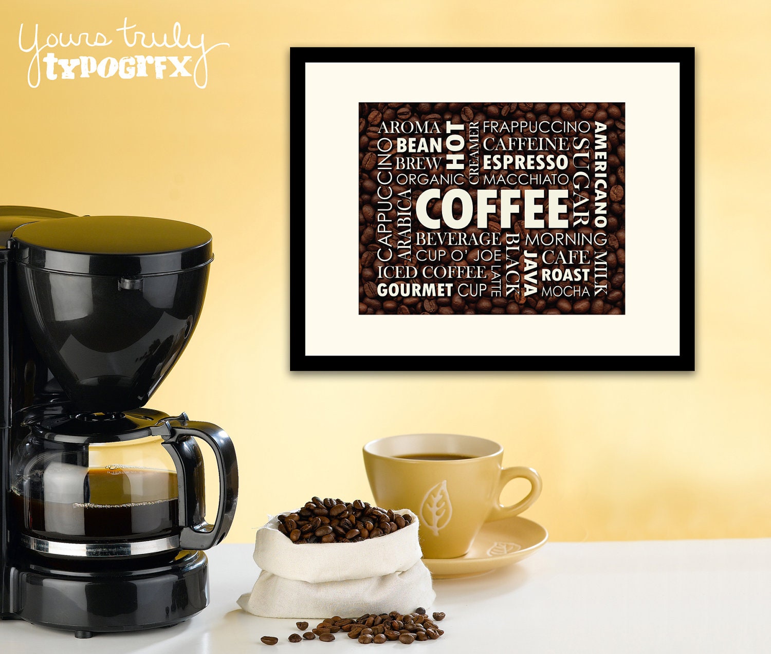 Coffee Themed Typography Word Art - 8x10 Matted Print in 11x14 Frame - Perfect for Coffee Lovers - Available in 2 Backgrounds