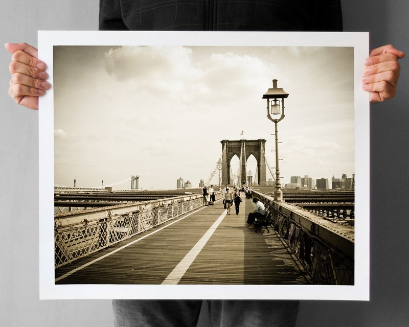 Brooklyn Bridge Photograph 16x20, New York Giclee Print, Old Look Black and White, Living Room Decor