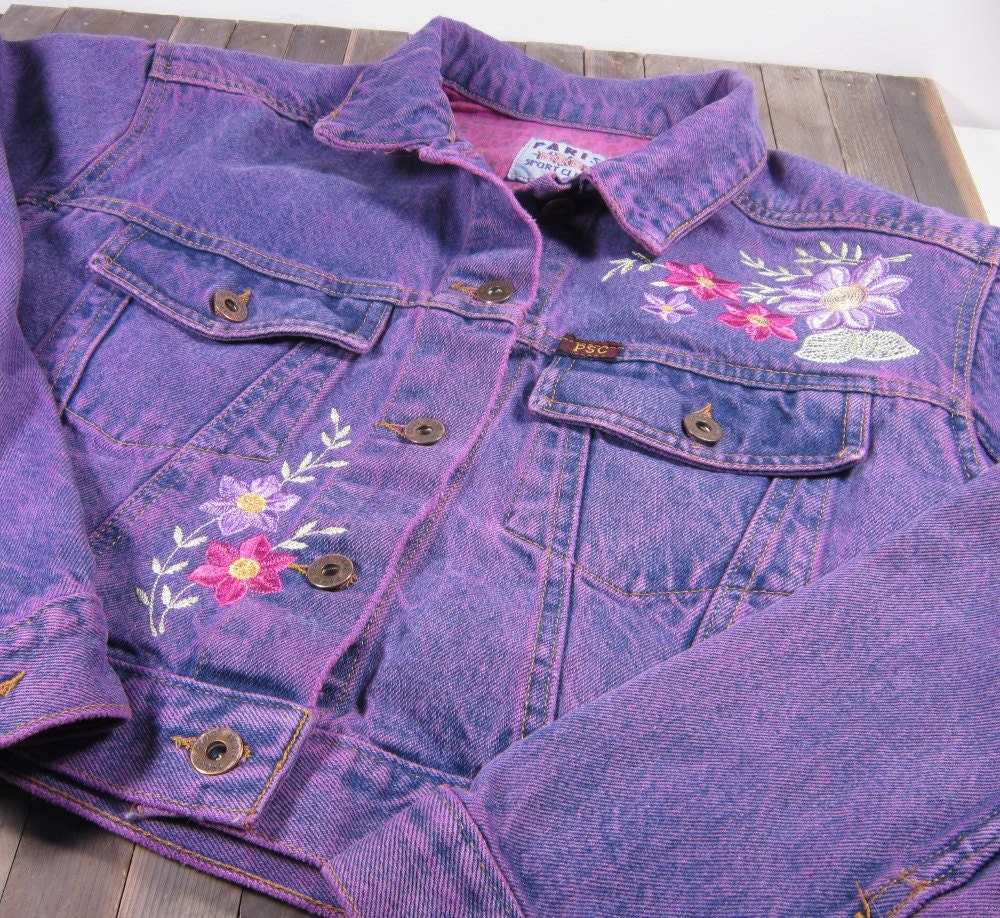 Overdyed embroidered cropped denim jacket / jean jacket / juniors size M medium / OOAK / free shipping