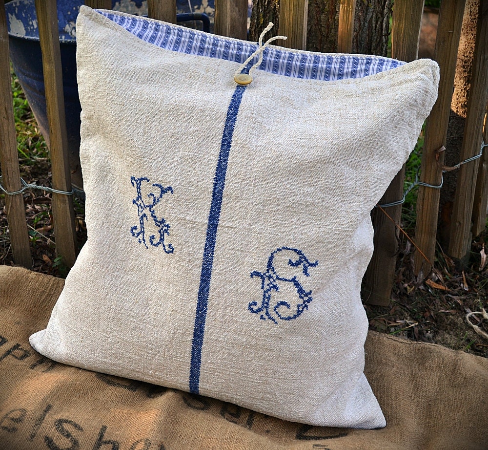 linen cushion grainsack antique initials cross stitch K H