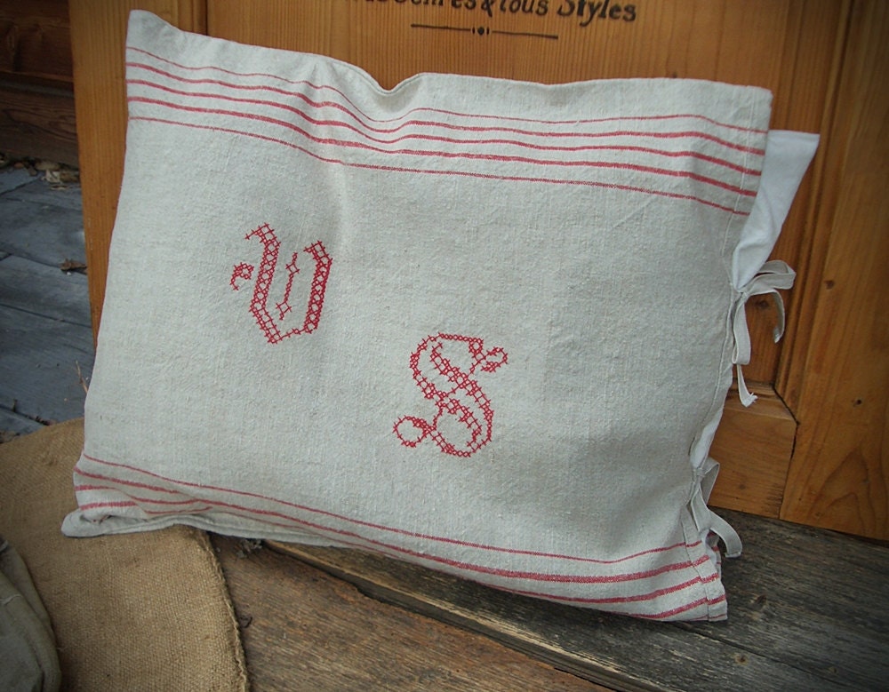 linen cushion antique initials cross stitch V S