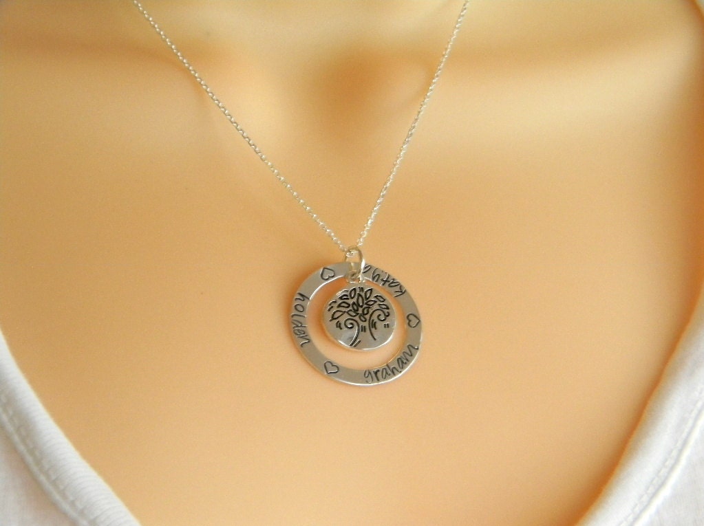 Family Tree, Mom, Mother, Grandmother, Nana Solid Sterling Silver Personalized Custom Made Hand Stamped Name Multi Washer Necklace (1')
