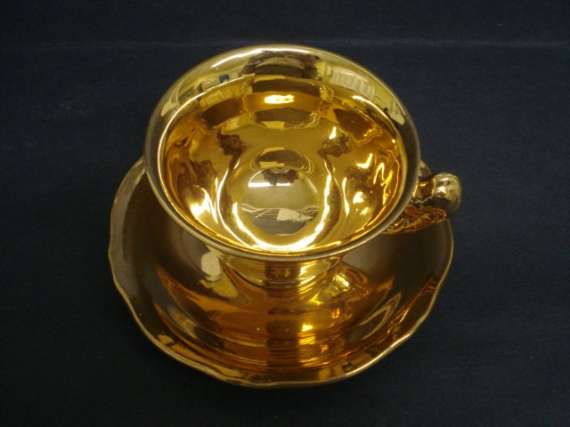 Rare Vintage Cup and Saucer - by  Royal Winton   - England - Golden Teacup Set - Figural Floral Handlele