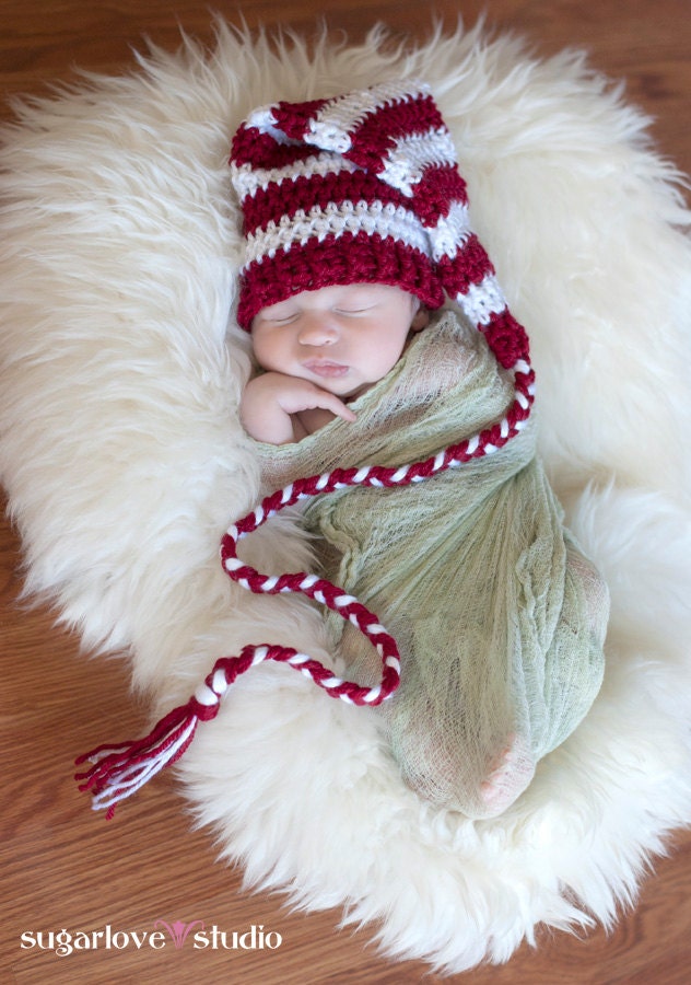 Valentine's Elf Hat, Newborn Boy Girl Photo Prop, Burgendy Red and White