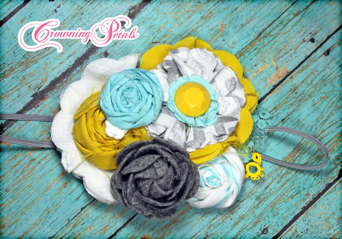 Aqua, Mustard Yellow, Grey Fabric Flower Headband, Gray, Turquoise Hair Bow, Mint Hair Accessories, Hair Clip, Baby, Flower Brooch,