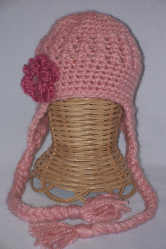 newborn earflap hat, baby hat, pink, dark pink  flower