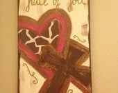 But for the Grace of God Pink Giraffe Print Heart & Brown Cross Textured Canvas