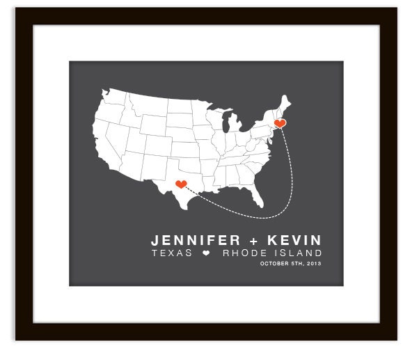 Personalized Two States USA Heart Map - Wedding, Engagement, Anniversary, Valentines Day Gift