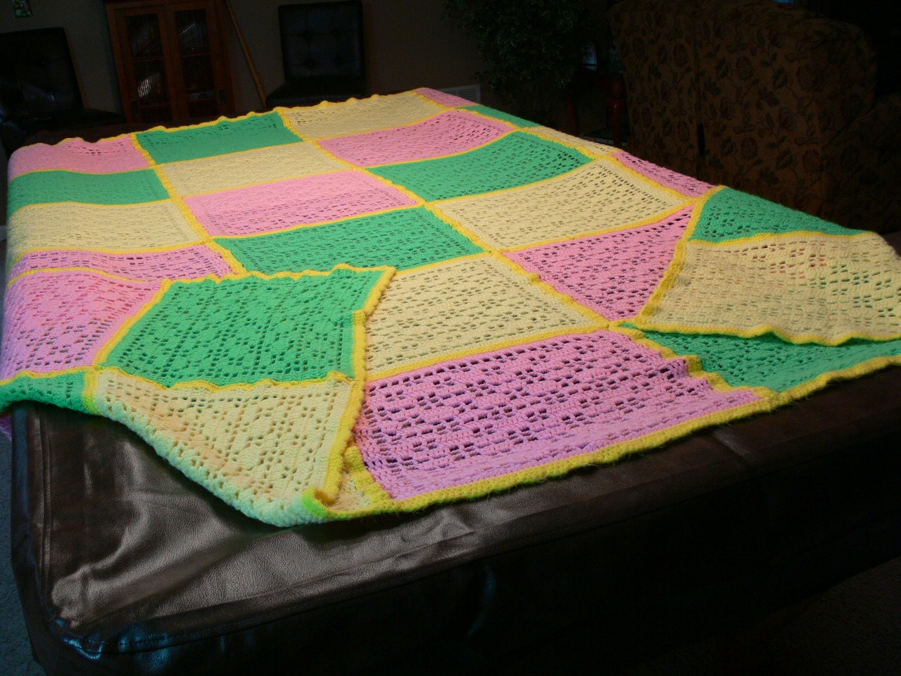 SALE - Queen Size Afghan - Handmade - Pink - Yellow - Green - Queen Size - Crochet - FS-298