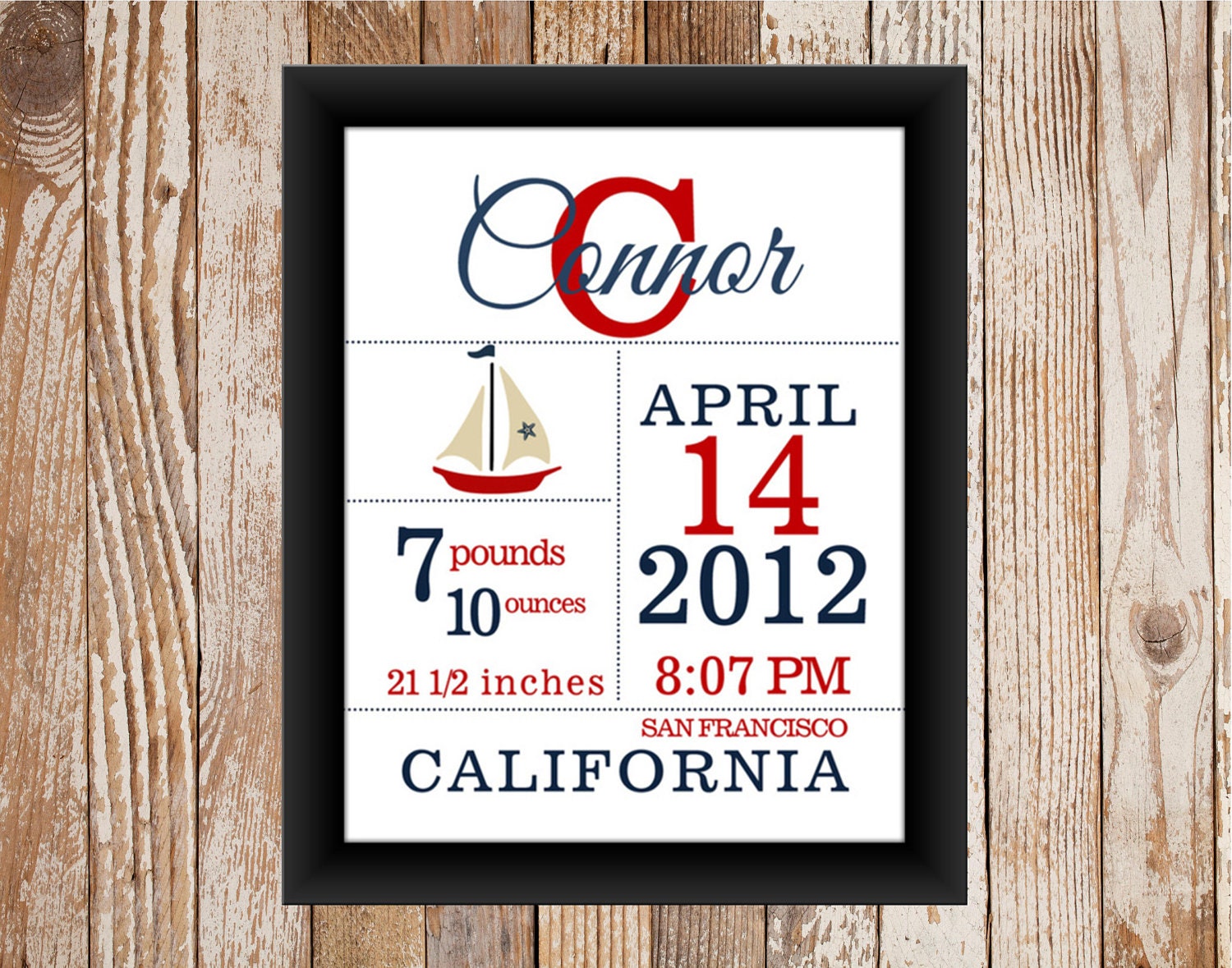 Birth Announcement Print 11x14 Nautical Themed Choose colors and clip art Boy or Girl