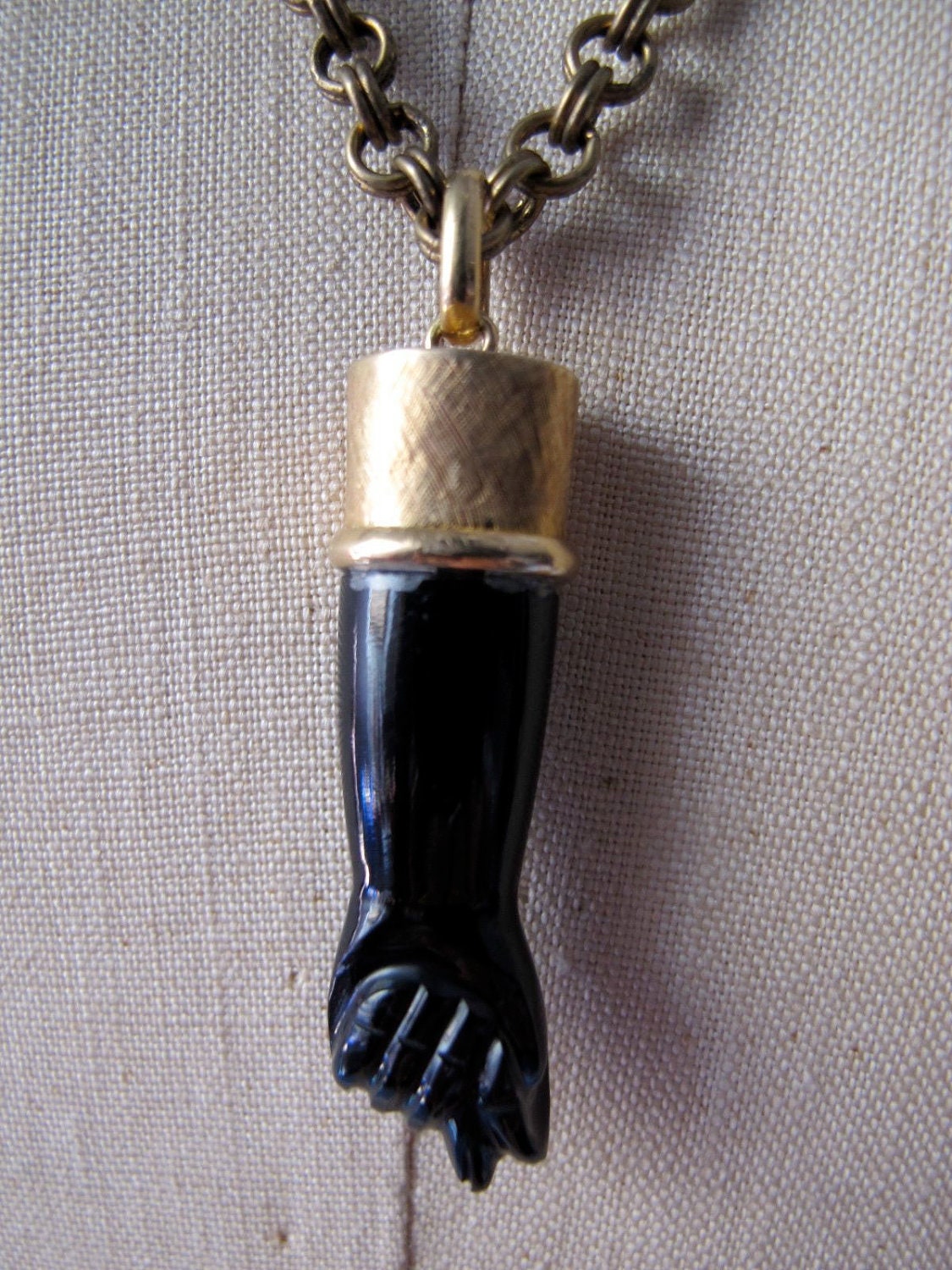 Necklace with Antique Victorian Black Onyx Figa Amulet with 18K Gold and Black Garnets
