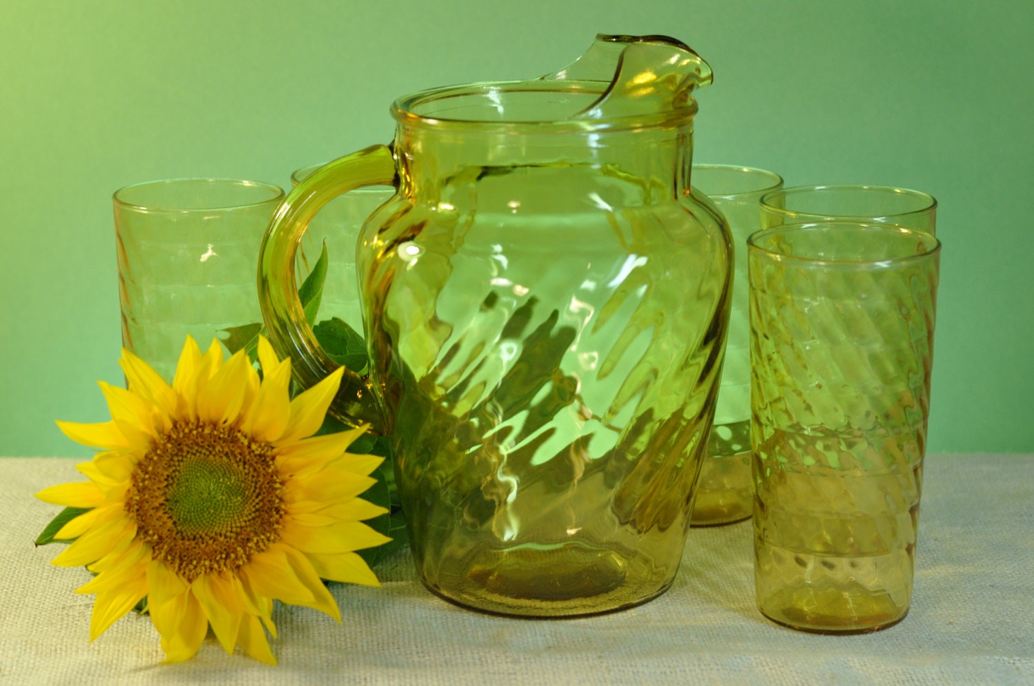 Pitcher and Drinking Glasses Set Amber Swirl Glass Great Vintage 1970s Era Gift