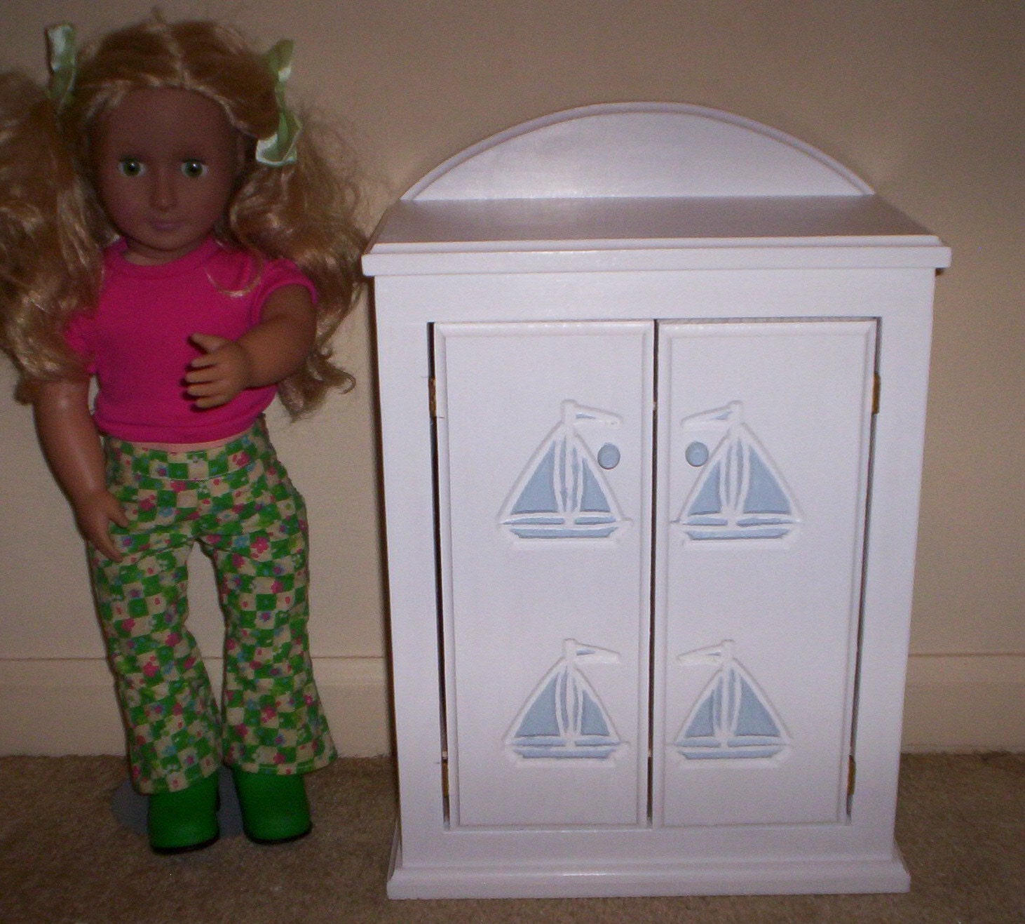 Armoire doll furniture bedroom chiffrobe Made for American girl white with light blue sailboat design