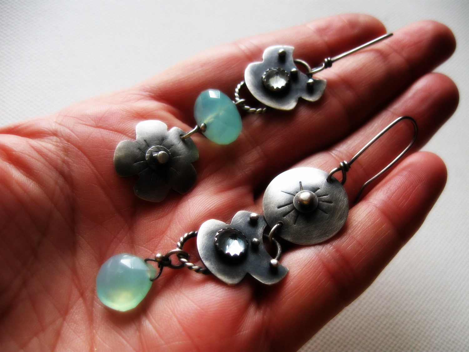 Blue Chalcedony Earrings White Blue Stone Topaz Sterling Silver Faceted Gemstone Drop Dangle Mismatch Rustic Metalsmith Fine Jewelry
