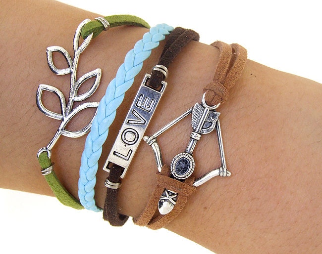 Leafs Bracelet, Bow and Arrow Bracelet, Love Bangle Bracelet, antique silver Bracelet, Adjustable Wide Warp Bracelet