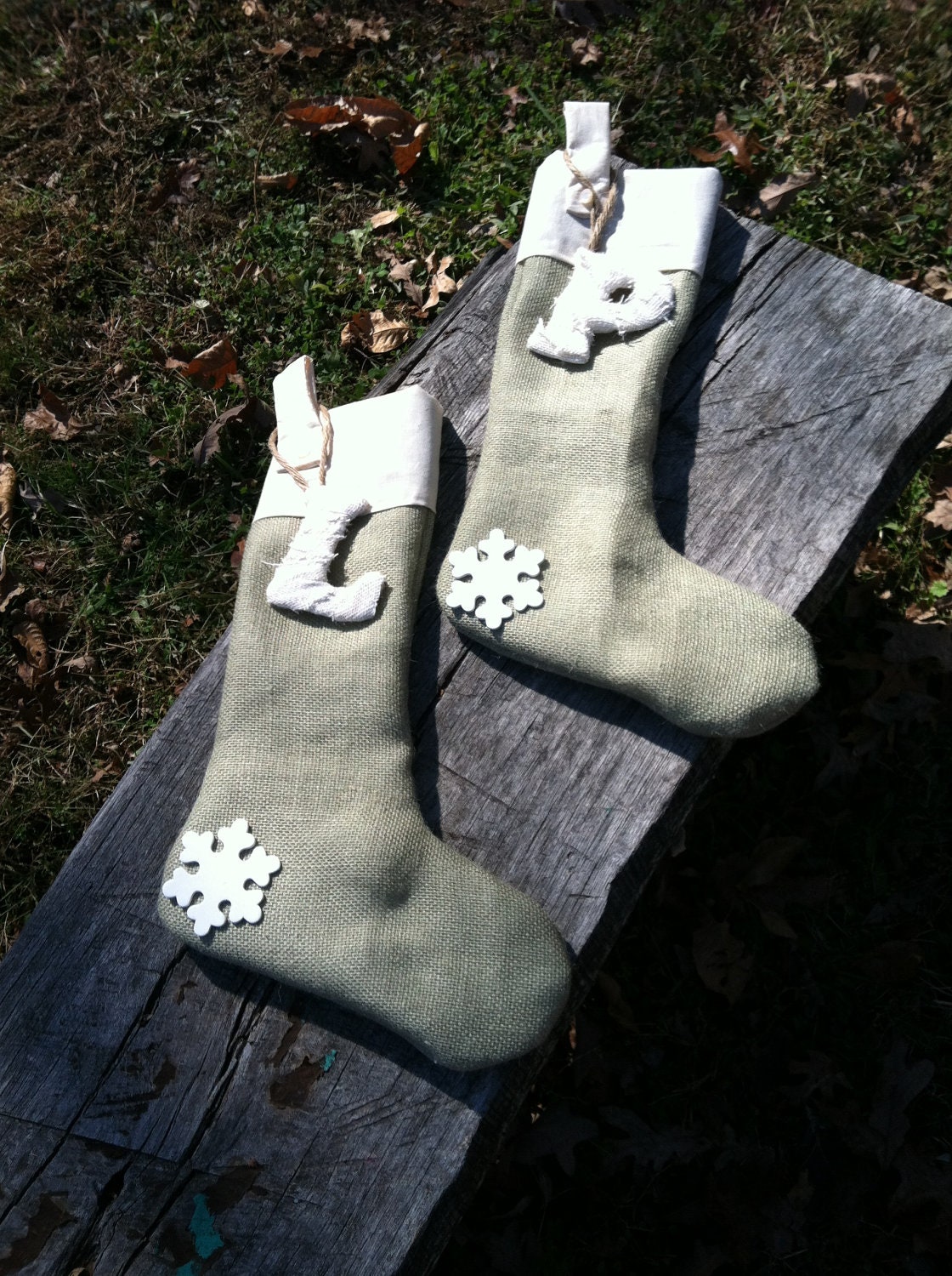 Set of 2 Burlap Christmas stockings with snowflake and personalized letter-Christmas stocking-Stocking Stuffer Ideas