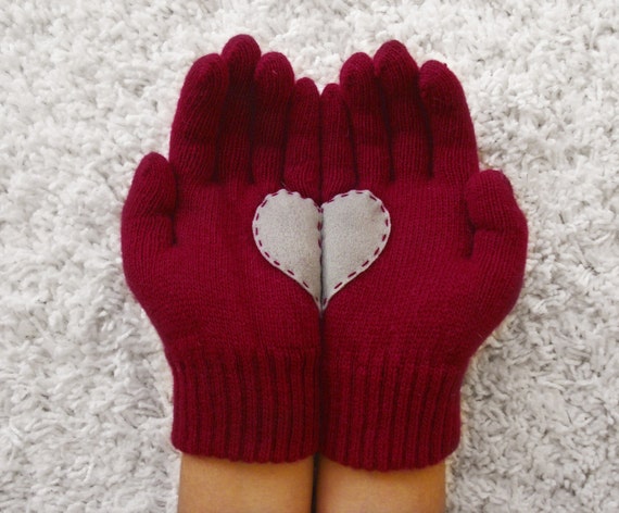 Heart Gloves, Dark Red Gloves with Grey Felt Heart