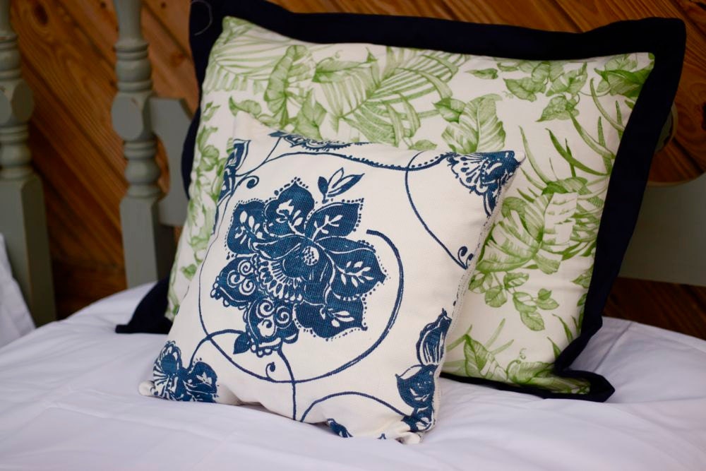 Kelly Green Botanical Pillow Shams with Navy Frame and Chambray Back