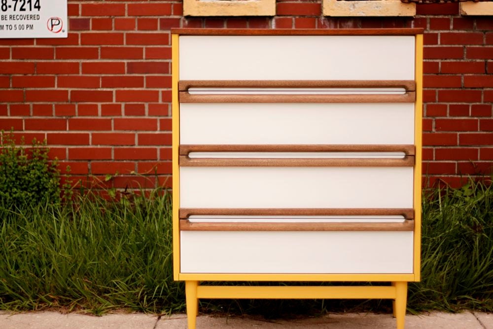 Reserved Mustard Yellow Mid Century Four-Drawer Dresser with Refinished Pulls and White Drawers