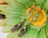 Dangle Earrings with Antique Bronze Flip Flop Charms Embellished with Rhinestones & Blue, Clear and Green AB Faceted Crystals