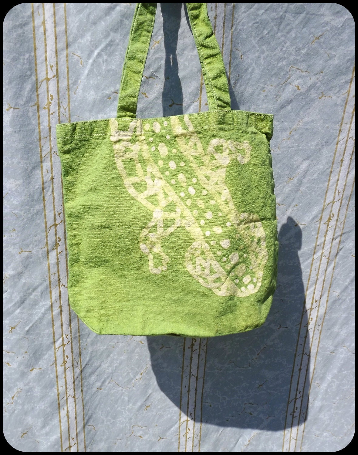 Batik Canvas Tote Bag - Lizard Design - Green - Hand Dyed - 13.5 X 13.5