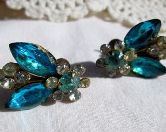 Aqua and Clear Rhinestone Fly Bug Bee Earrings Vintage Screw Back 1950s