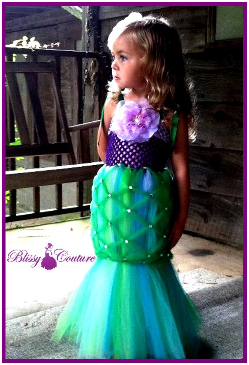 Little Mermaid Tutu Halloween Costume Pageant Dress with Flower Hair Clip - BlissyCoutureTutus