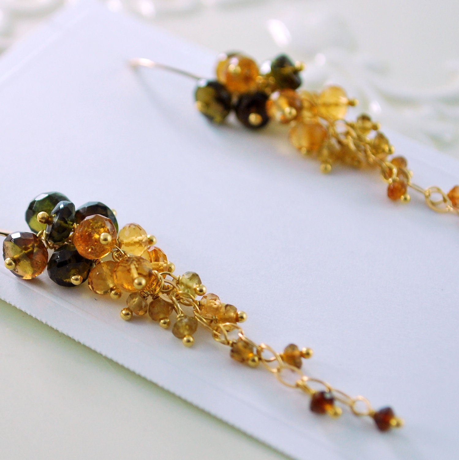 Autumn Wedding Earrings Genuine Tourmaline Citrine Gemstone Cluster Bridal Jewelry - Cornucopia - Complimentary Shipping
