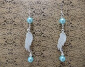 Blue and White Wings Earrings - Angel, Fairy, Charm, Glass Bead, Chain, Dangle, Pearl