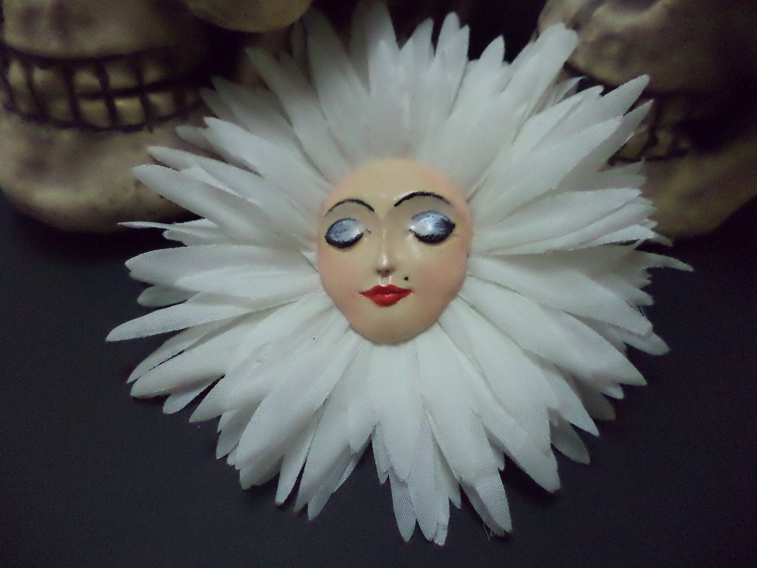 OOAK, Hand Painted, Face, Rockabilly, Psychobilly, Pin Up Girl, White, Flower, Hair Clip