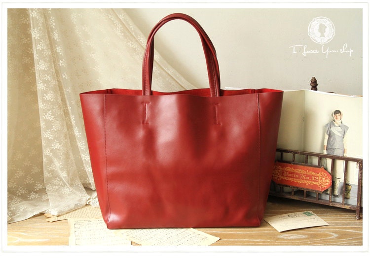 New Design - Large Leather Tote Bag - Should Bag - Shopper Bag - Handbag in Purplish Red