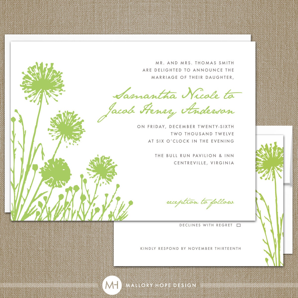 Dandelion Modern Wedding Invitation & RSVP Set - CUSTOMIZE Colors and Content - Digital Design Files
