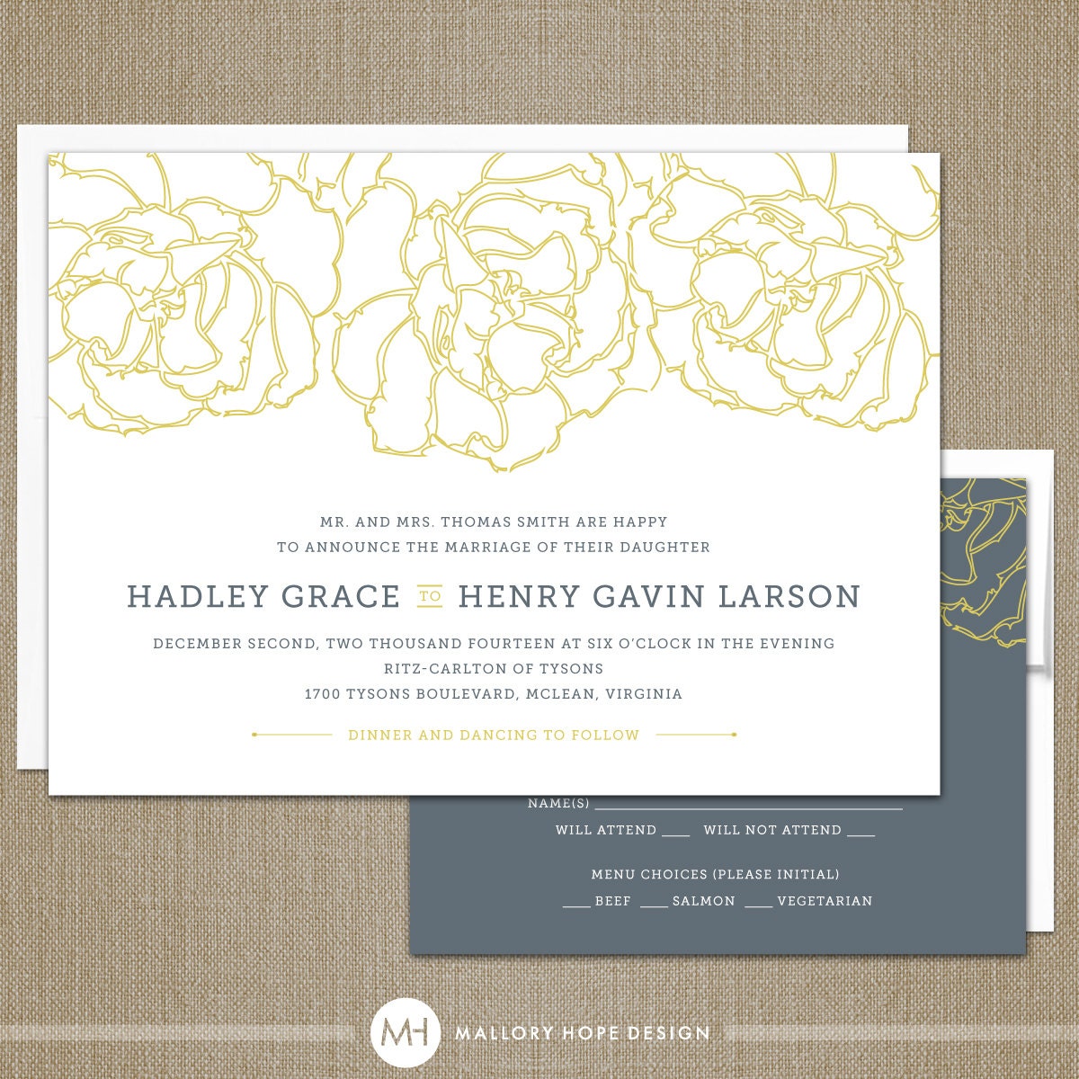 Floral Outline Peonies Modern Wedding Invitation & RSVP Set - CUSTOMIZE Colors and Content - Digital Design Files