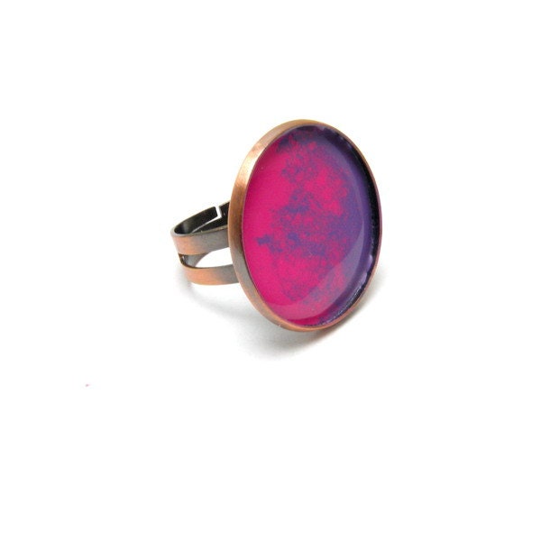 SALE 30% off  - Adjustable enamel ring, pink and violet, copper 24mm