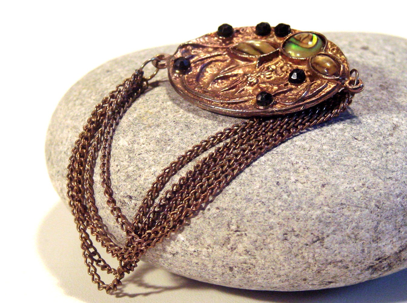 Unique Vintage Chain Brooch Copper Bronze Stone Cabochon Victorian Style