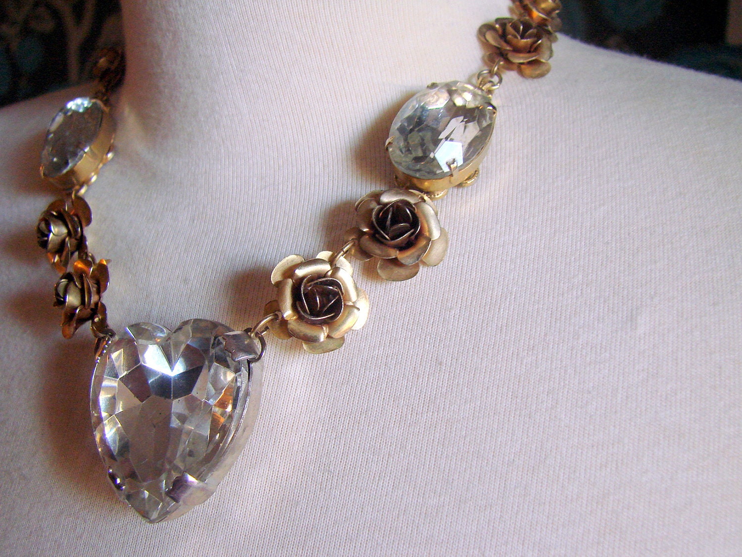 RESERVED Vintage Art Deco Brass and Rhinestone Flower Necklace