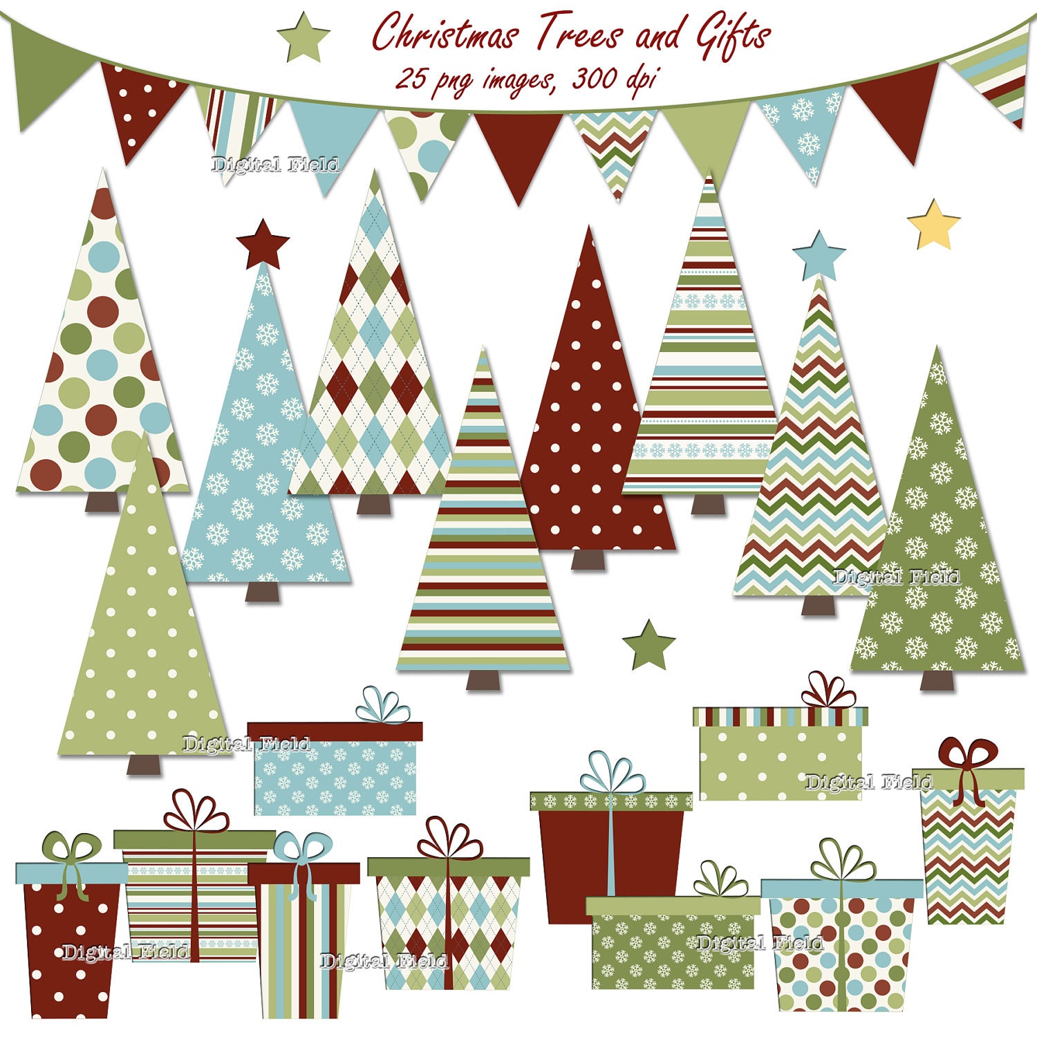 INSTANT DOWNLOAD Christmas Trees and Gifts clip art set - holiday printable clipart