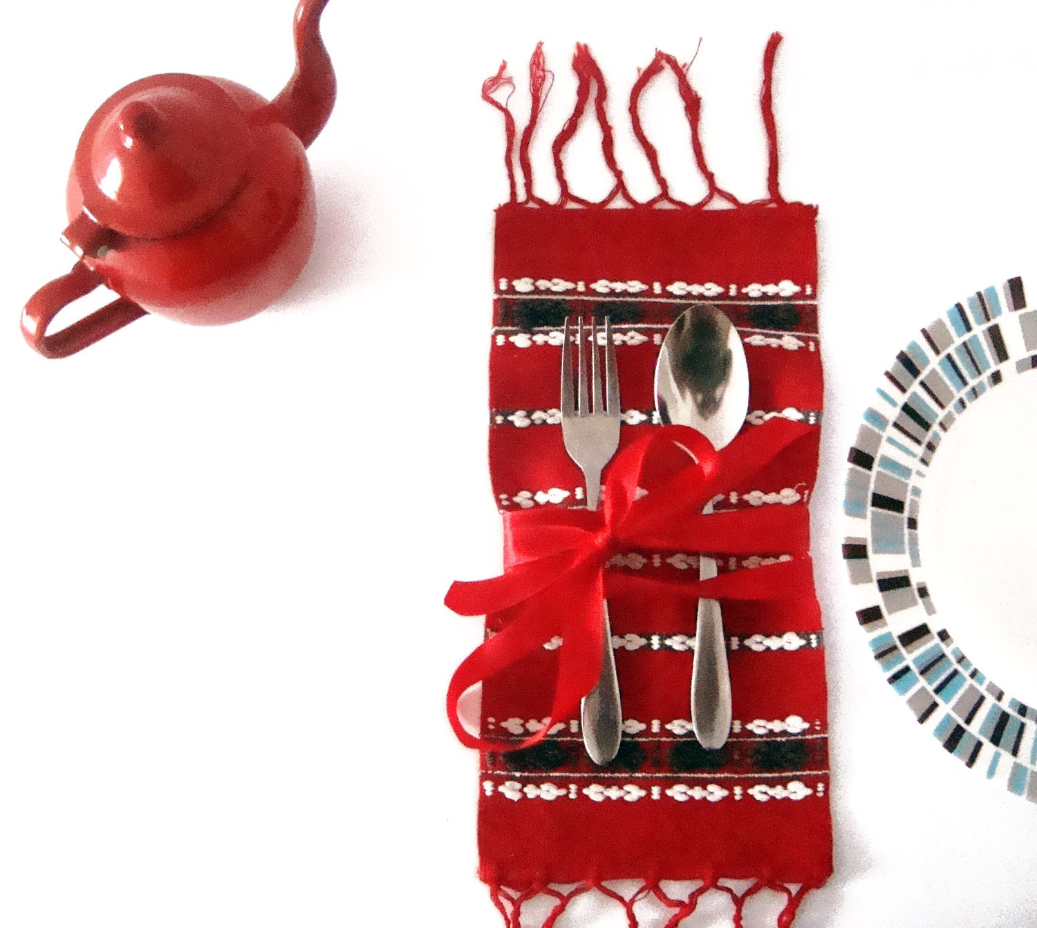 Set the Christmas Table - SET of five small table runners - handwoven red and blue napkins, Christmas decor, Christmas gift