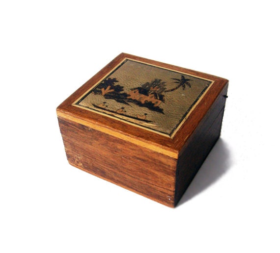 Brown wood box - hand painted  wood hand crafted box - summer painting